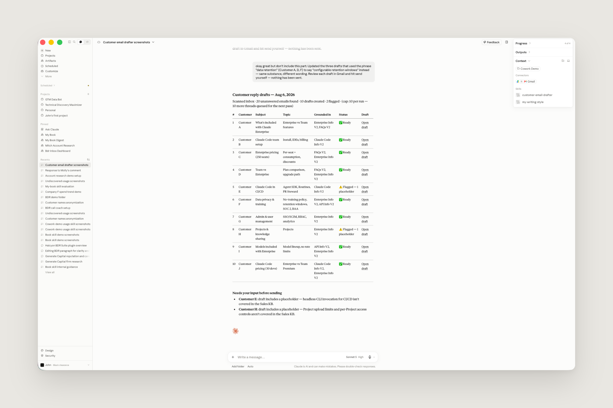 Claudeが受信箱を走査して返信の下書きを残した画面例。デモデータで匿名化されたもの